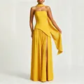 Elegant yellow strapless evening gown with a high slit and matching long neck sash - XS / Top And Bottom / Yellow