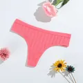 Pink ribbed cotton thong panty for women featuring a low waist and breathable fabric - Pink Red