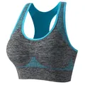 Women's seamless sports bra with grey heather pattern and blue mesh accents for yoga - S / Tops / Lake Blue