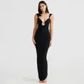Full view of elegant black sleeveless maxi dress with plunging keyhole chest cutout - S / Top And Bottom / Black