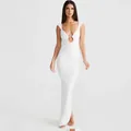 Detail showing a sexy deep V-neck white dress with a unique central U-ring ornament - S / Top And Bottom / White