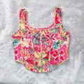 Vibrant summer floral print corset crop top featuring wide straps and curved hem - XS / Tops / Rose Red