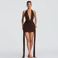 Deep V-neck brown halter dress with decorative water drop beads and long streamers - S / Tops / Brown