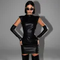 Detailed view of edgy black PU leather ruched bodycon dress with matching arm warmers - M / Top And Bottom / Black