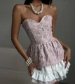 Elegant pink floral jacquard strapless peplum top with sweetheart neckline and slim fit - S / Tops / Pink