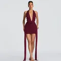 Full-length fashion model shot showing the silhouette of a burgundy halter mini dress - S / Tops / Burgundy