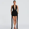 Chic black bodycon halter dress featuring deep V-neckline and elegant teardrop charms - S / Tops / Black