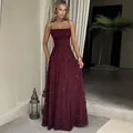 Elegant burgundy spaghetti strap evening gown with intricate jacquard floral patterns - XS / Red