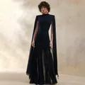 Elegant black evening dress with long mesh cape sleeves and pleated mesh hem detail - S / Top And Bottom / Black