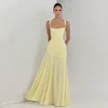 Elegant yellow low-cut ruched spaghetti strap maxi dress shown on a professional model - XS / Dress (ZD260323) / Light Yellow