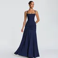 Side view showing the elegant ruched waist and flowing skirt of the navy maxi dress - S / Dress (ZD260323) / Dark Blue