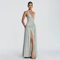 Full view of elegant sage green halter neck evening gown with high leg slit detail - S / Gray