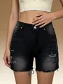 Detalle de pantalones cortos vaqueros negros de talle alto con rotos y bajo con flecos - S / Bottoms / Negro