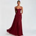 Elegant burgundy low-cut ruffled spaghetti strap maxi dress with waist pleats detail - XS / Dress (ZD260323) / Burgundy