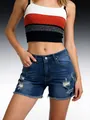 Vista frontal de pantalones cortos vaqueros con rotos y bajos deshilachados para mujer - S / Bottoms / Azul marino