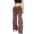 Detailed shot of women's vintage brown multi-pocket cargo pants featuring a wide-leg cut - S / Bottoms / Brown