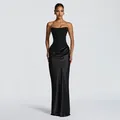 Elegant black strapless bodycon maxi dress with draped satin skirt and structured bodice - S / Black