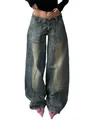Women's distressed wide-leg jeans with vintage light wash and relaxed fit design - S / Bottoms / Blue