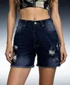 Pantalones cortos vaqueros rotos de talle alto para mujer con bordes deshilachados. - S / Bottoms / Azul marino