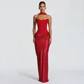 Elegant full-length red strapless dress featuring a corset top and satin draped skirt detail - S / Red