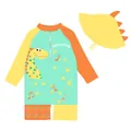 Niedlicher Dinosaurier-Aufdruck auf einem Kinder-Badeanzug mit passender Mütze - L (90-100cm, 26-32) / Oberteil Und Unterteil / Bunter Drache (D260722-1LR)
