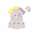 Front zipper girls' one-piece skirted swimsuit with mermaid floral print and swim cap - M (80-90cm, 20-26) / Dress (CM260702-3BW) / Red Flower Mermaid