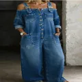 Detail of blue off-shoulder denim jumpsuit featuring front buttons and large pockets - 3XL / Top And Bottom / Dark Blue