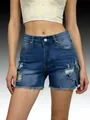 Vista detallada de pantalones cortos vaqueros rotos para mujer con flecos y desgastes - S / Bottoms / Azul claro