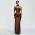 Elegant brown satin strapless maxi dress featuring a draped skirt and matching neck choker. - S / Brown