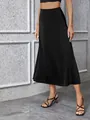 Élégante jupe midi trapèze en satin noir à taille haute pour femme de style formel - XS / Bas / Noir