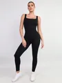 Vista detallada del body deportivo negro reductor con escote cuadrado para yoga. - 3XL / Top Y Pantalón / Negro