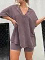 Close-up of vintage washed V-neck T-shirt and high-waisted shorts set - S / Top And Bottom / Purple