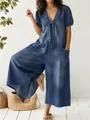 Stylish casual loose short sleeve V-neck denim jumpsuit featuring large functional pockets - 3XL / Top And Bottom / Dark Blue