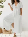 Detailed view of women's white V-neck short sleeve loose jumpsuit with tie-front and pockets - 3XL / Top And Bottom / White