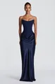 Elegant navy blue strapless corset maxi dress with draped satin skirt for formal events - XS / Dark Blue