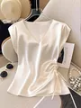 Detailed view of elegant white satin V-neck blouse with stylish side drawstring - S / Tops / White