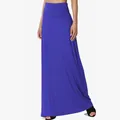 Detail view of high waisted royal blue maxi skirt with soft draped fabric - Blue
