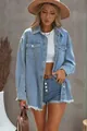 Detailed view of washed light blue denim jacket with frayed hem and side pockets - S / Tops / Light Blue