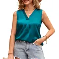 Close-up detail of a teal satin V-neck sleeveless blouse showing its smooth fabric texture. - S / Tops / Malachite green