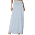 Detail view of high waist light blue maxi skirt with soft jersey fabric drape - Azure Blue