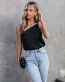 Elegant black one-shoulder satin blouse with a smooth finish for a chic commuter look. - S / Tops / Black