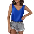 Detailansicht eines glänzenden blauen Satin-Tops für Damen mit elegantem V-Ausschnitt - Blau