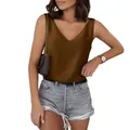Detailansicht eines eleganten braunen Satin-Tops mit V-Ausschnitt ohne Ärmel - Dunkelbraun