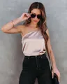 Elegant champagne one-shoulder satin top for women, perfect for casual summer outings. - S / Tops / Off White