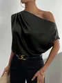 Elegant black satin one-shoulder sleeveless blouse featuring an asymmetric neckline design - S / Top (A0020) / Black
