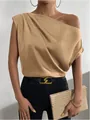 Elegant khaki one-shoulder satin sleeveless blouse for women, draped stylish top. - S / Top (A0020) / Dark Brown