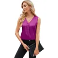Eleganter lila Satin-Ärmelloses Top für Damen mit einem klassischen V-Ausschnitt Design - Fuchsie