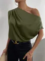 Elegant olive green satin one-shoulder sleeveless blouse for women - S / Top (A0020) / Army Green