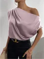 Elegant mauve one-shoulder satin sleeveless blouse for women with a silky drape - Light Purple