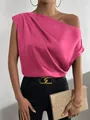 Elegant hot pink satin one-shoulder sleeveless blouse for women fashion outfit - Rose Red